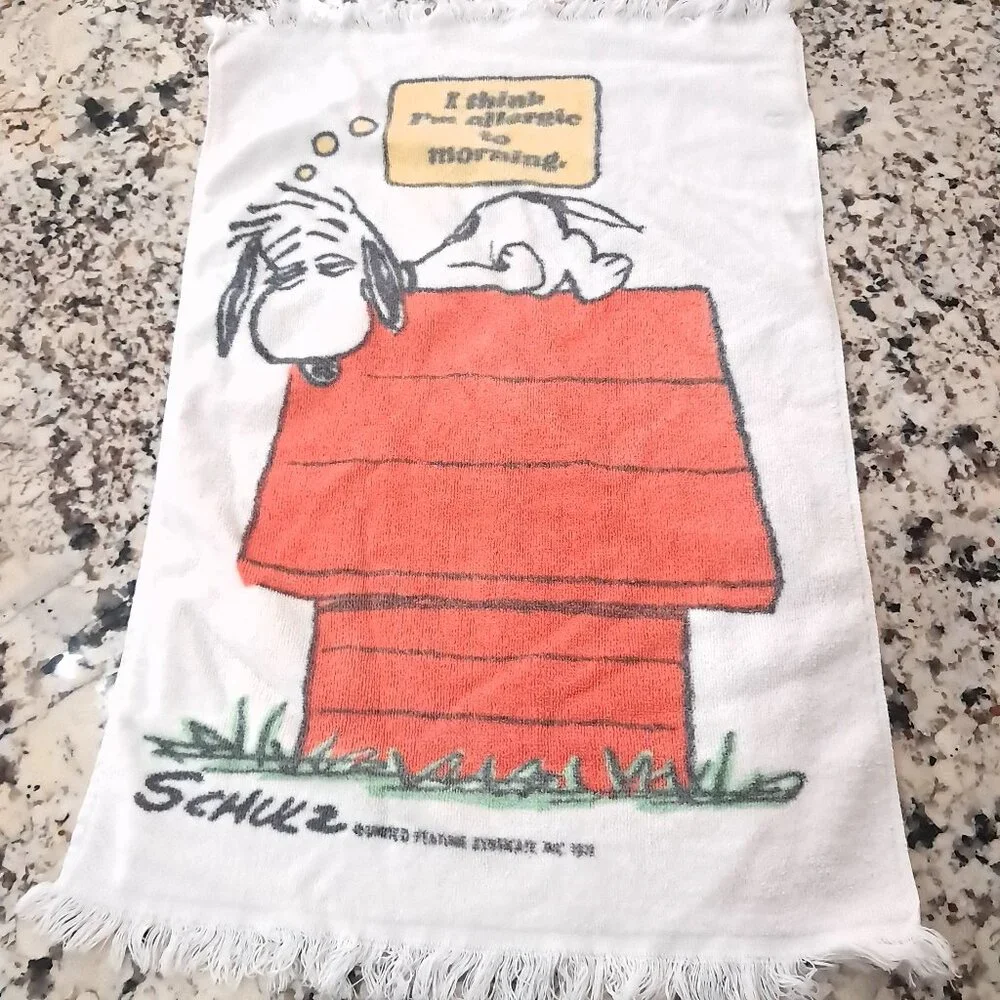 Vintage‎ Snoopy Peanuts hand towel fringe on dog house Mornings Tastemakers 1971